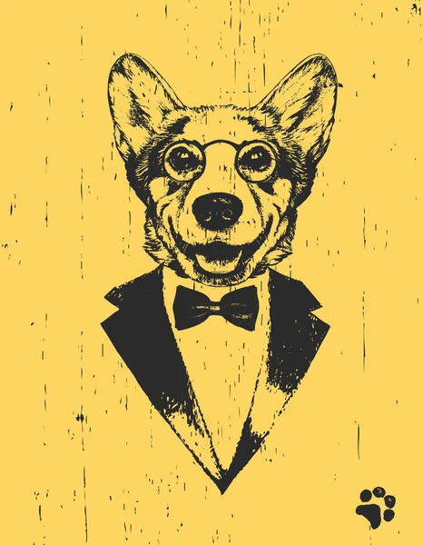 Σκύλος Γυαλιά Στο Σμόκιν Φιόγκο Κίτρινο Φόντο — Διανυσματικό Αρχείο