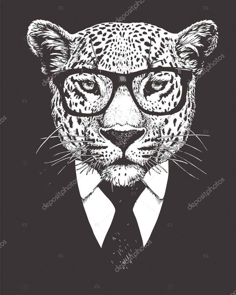 Head of leopard wearing sunglasses. Hipster animal.