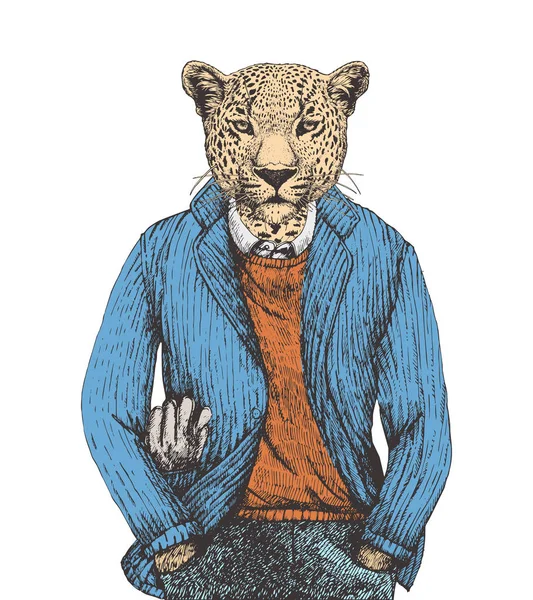 Leopard Portréja Öltözött Fel Pulóver Kabát Kézzel Rajzolt Ábra Vektor — Stock Vector