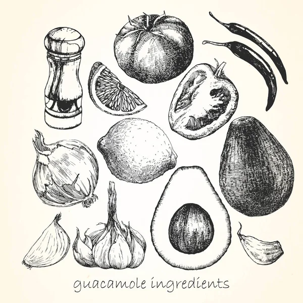 Conjunto Ingredientes Para Guacamole Ilustração Desenhada Mão Vetor — Vetor de Stock