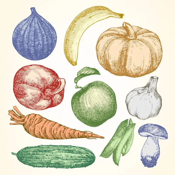 Ilustración Dibujada Mano Verduras Frutas Vector — Vector de stock