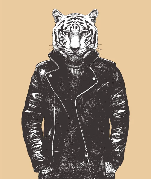 白で隔離された擬人化虎の手描きの鉛筆イラスト — ストックベクタ