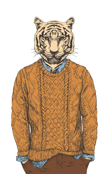 Ručně Kreslené Tužkové Znázornění Antropomorfní Tygra Izolovaného Bílém — Stockový vektor
