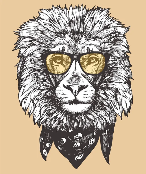 Dibujo Elegante Cara León Gafas Ilustración Vectorial — Vector de stock