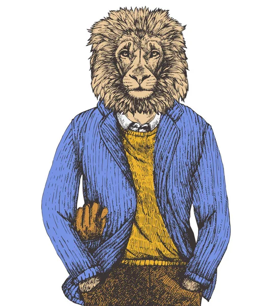 白で隔離された擬人化ライオンの手描きの鉛筆イラスト — ストックベクタ