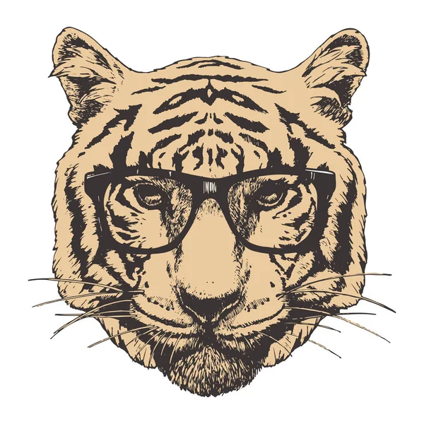 Dibujo Elegante Cara Tigre Gafas Ilustración Vectorial — Vector de stock