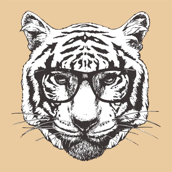 Disegno Elegante Faccia Tigre Occhiali Illustrazione Vettoriale — Vettoriale Stock