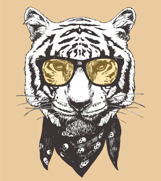 Κομψό Σχέδιο Του Προσώπου Τίγρη Στα Γυαλιά Απεικόνιση Διάνυσμα — Διανυσματικό Αρχείο