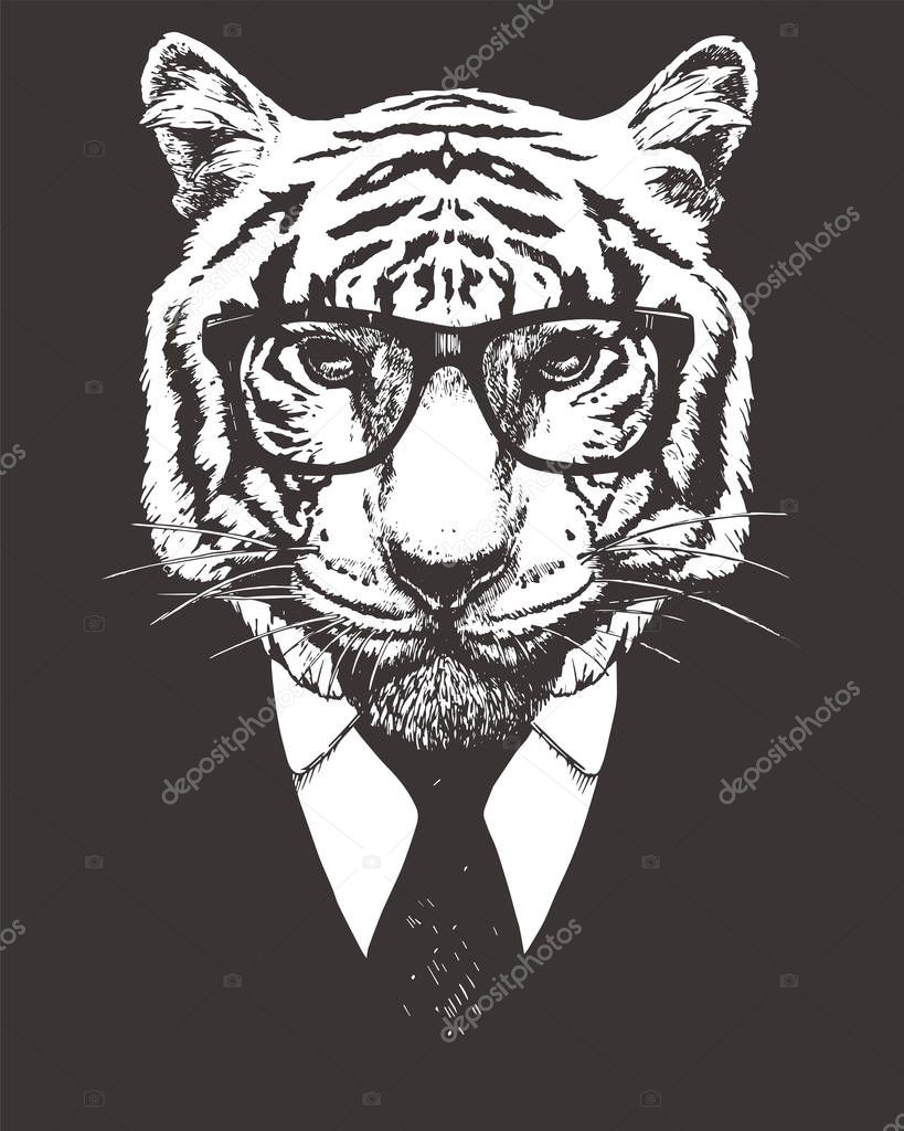 stylish drawing of tiger face in eyeglasses, vector illustration