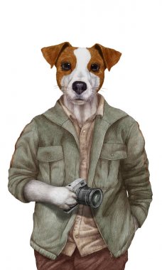 antropomorfik Jack Russel terrier el çizilmiş kalem illüstrasyon beyaz izole