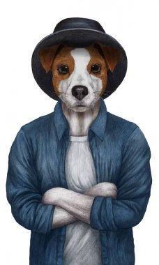 antropomorfik Jack Russel terrier el çizilmiş kalem illüstrasyon beyaz izole