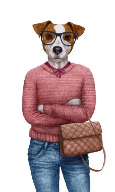 antropomorfik Jack Russel terrier el çizilmiş kalem illüstrasyon beyaz izole