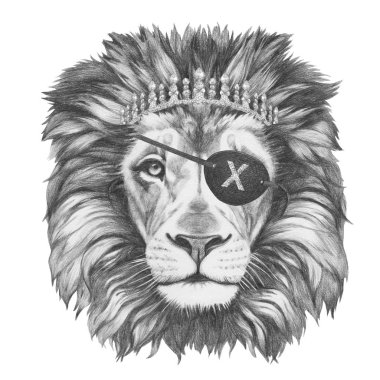 beyaz izole korsan göz bandı ile aslan elle çizilmiş kalem illüstrasyon