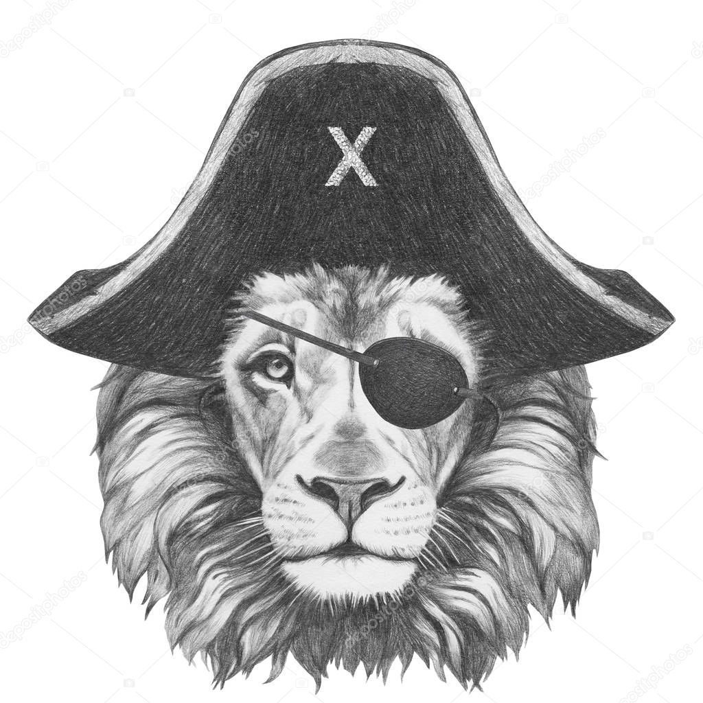 hand-drawn pencil illustration of lion in pirate hat isolated on white