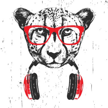 Beyaz arka planda izole kulaklık ile kırmızı gözlük cheetah elle çizilmiş illüstrasyon  