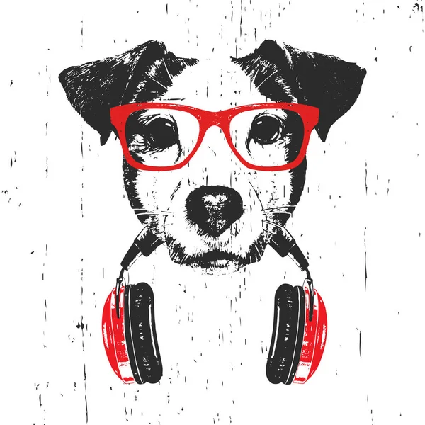 Hand drawn illustration of Jack Russell dog in red glasses with headphone isolated on white background