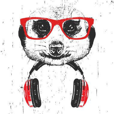 Beyaz arka plan üzerinde izole kulaklık ile kırmızı gözlük mirket elle çizilmiş illüstrasyon  