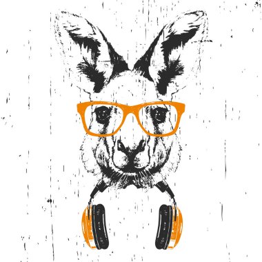 Beyaz arka planda izole kulaklık ile sarı gözlük kanguru elle çizilmiş illüstrasyon  