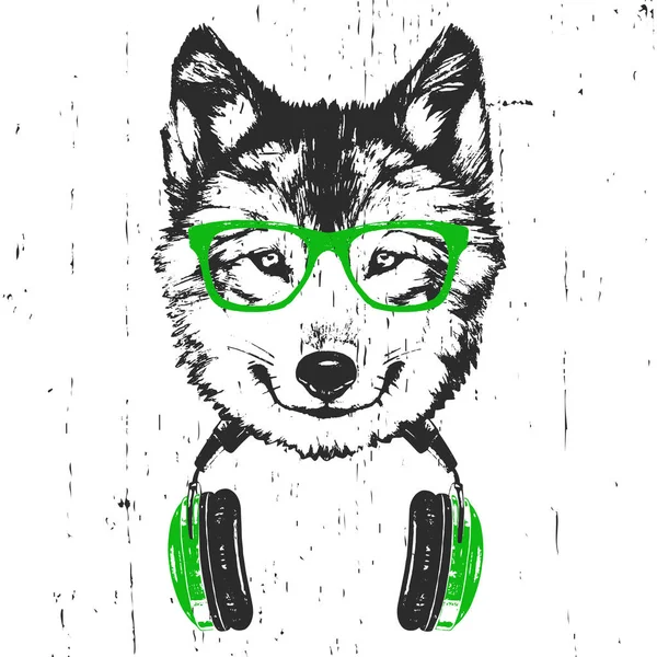 Ilustración Dibujada Mano Lobo Gafas Verdes Con Auriculares Aislados Sobre — Foto de Stock