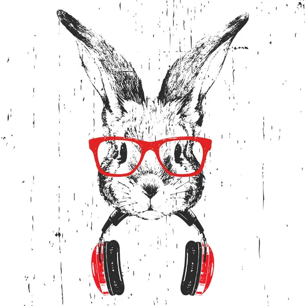 Handritad Illustration Kanin Röda Glasögon Med Hörlurar Isolerade Vit Bakgrund — Stockfoto
