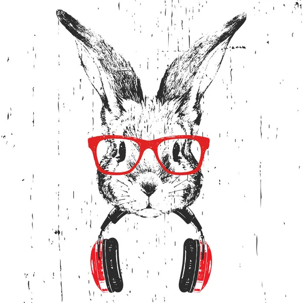 Hand drawn illustration of rabbit in red glasses with headphone isolated on white background