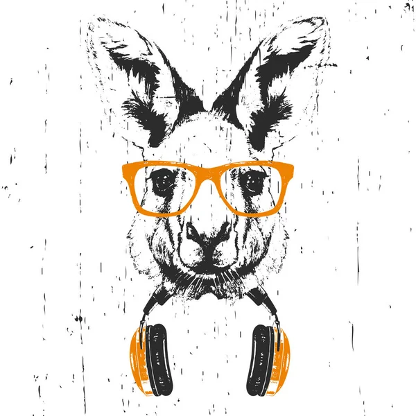 Ilustración Dibujada Mano Canguro Gafas Amarillas Con Auriculares Aislados Sobre — Foto de Stock