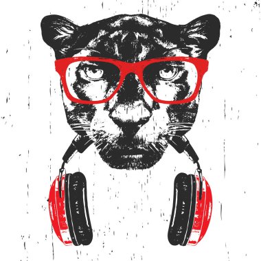 Beyaz arka planda izole kulaklık ile kırmızı gözlükpan elle çizilmiş illüstrasyon  