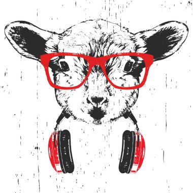 Beyaz arka planda izole kulaklık ile kırmızı gözlükkuzu el çizilmiş illüstrasyon  