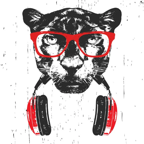 Beyaz arka planda izole kulaklık ile kırmızı gözlükpan elle çizilmiş illüstrasyon  