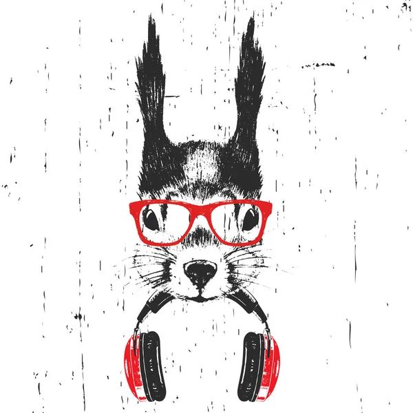 Hand drawn illustration of squirrel in red glasses with headphone isolated on white background