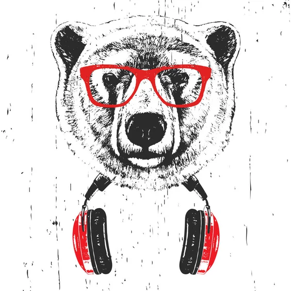 戴着红色眼镜的北极熊手绘插图 耳机隔离在白色背景上 — 图库照片