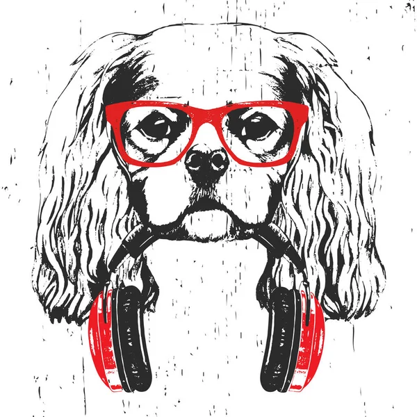 Handgezeichnete Illustration Des Kavalierkönigs Karl Spaniel Roter Brille Mit Kopfhörer — Stockfoto