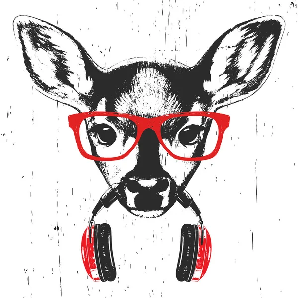 白い背景に隔離されたヘッドフォンを持つ赤いメガネでFawnの手描きのイラスト — ストック写真