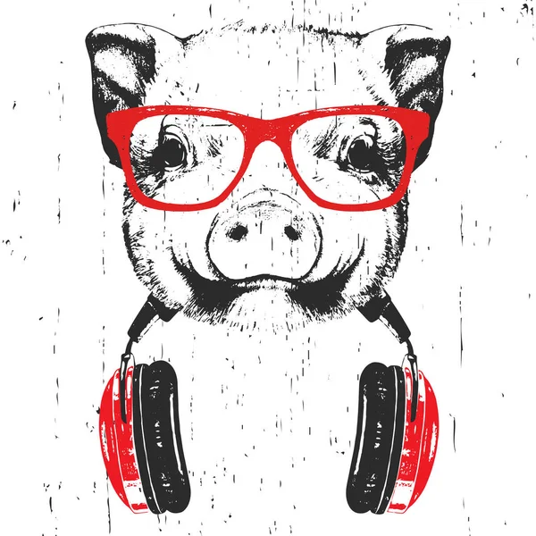 Ilustración Dibujada Mano Cerdito Gafas Rojas Con Auriculares Aislados Sobre —  Fotos de Stock