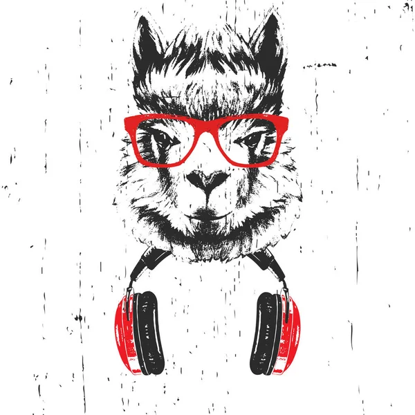 Handgezeichnete Illustration Des Lamas Roter Brille Mit Kopfhörer Auf Weißem — Stockfoto