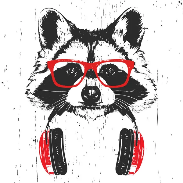 Hand drawn illustration of raccoon in red glasses with headphone isolated on white background