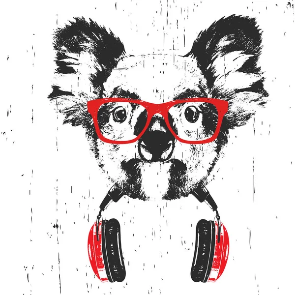 Hand Drawn Illustration Koala Red Glasses Headphone Isolated White Background — Stock Photo, Image