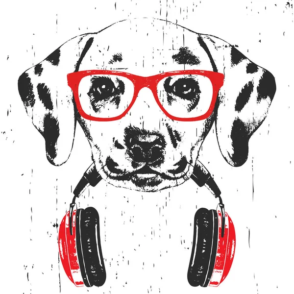 Hand drawn illustration of Dalmatian dog in red glasses with headphone isolated on white background