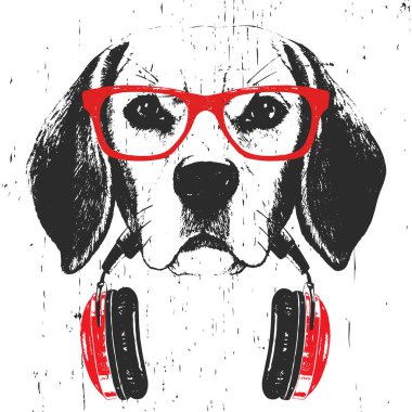 Beyaz arka plan üzerinde izole kulaklık ile kırmızı gözlükbeagle köpek elle çizilmiş illüstrasyon  