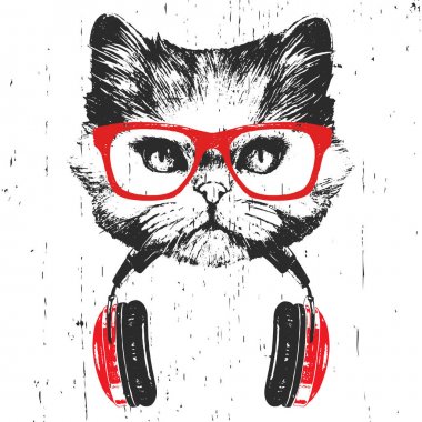 Beyaz arka plan üzerinde izole kulaklık ile kırmızı gözlük farsça kedi elle çizilmiş illüstrasyon  