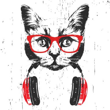 Beyaz arka plan üzerinde izole kulaklık ile kırmızı gözlük İngiliz Shorthair Cat elle çizilmiş illüstrasyon  