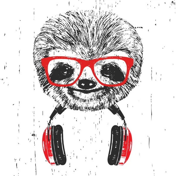 Hand Drawn Illustration Sloth Red Glasses Headphone Isolated White Background — Stock Photo, Image