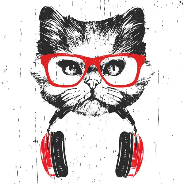 Beyaz arka plan üzerinde izole kulaklık ile kırmızı gözlük farsça kedi elle çizilmiş illüstrasyon  