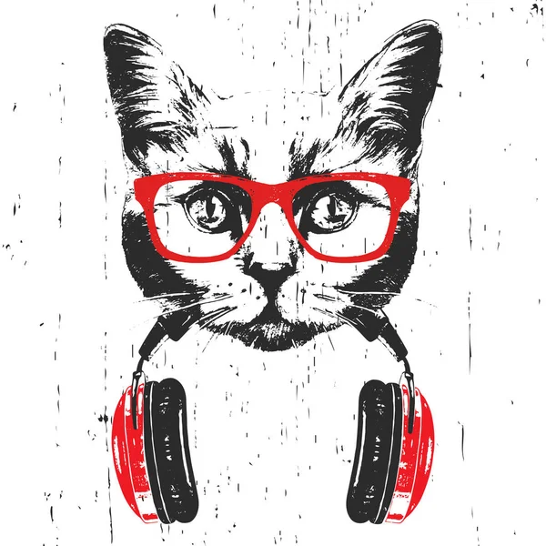 배경에 헤드폰이 안경에 쇼트헤어 고양이의 손으로 일러스트 — 스톡 사진