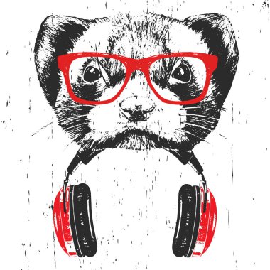 Beyaz arka planda izole kulaklık ile kırmızı gözlük en az Weasel elle çizilmiş illüstrasyon  