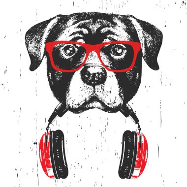 Beyaz arka planda izole kulaklık ile kırmızı gözlük rottweiler elle çizilmiş illüstrasyon  