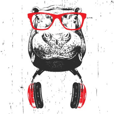 Beyaz arka planda izole kulaklık ile kırmızı gözlük Hippo elle çizilmiş illüstrasyon  