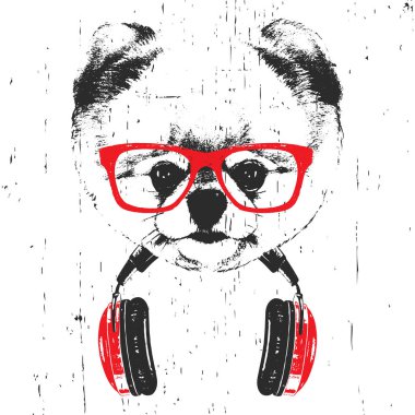 Beyaz arka planda izole kulaklık ile kırmızı gözlükpomeranian köpek elle çizilmiş illüstrasyon  