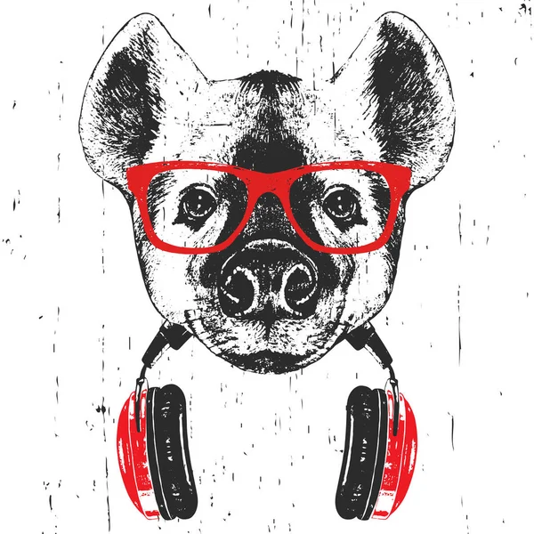 Hand Drawn Illustration Hyena Red Glasses Headphone Isolated White Background — Stock Photo, Image