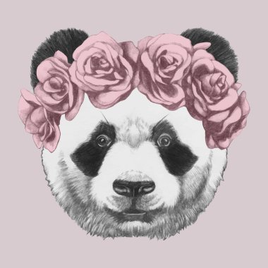 Pembe arka planda güllerle süslenmiş hayvan portresi.